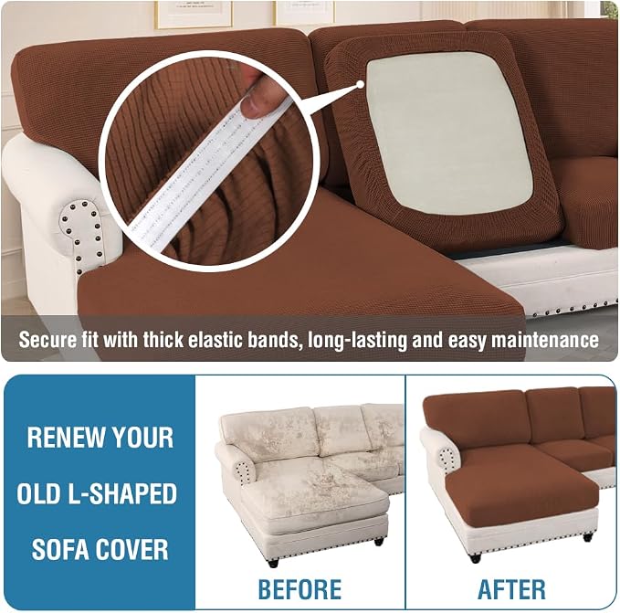 H.VERSAILTEX Sectional Couch Covers 8 Pieces Stretch Sofa Covers for Sectional Sofa Set Separate L Shaped Couch Cover for Both Left/Right Couch (Seat and Back: 1 Chaise + 3 Sofa, Caramel)
