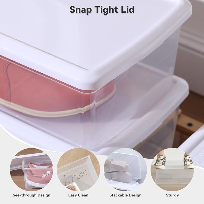 novelinks 12 Pack 6 Quart Clear Plastic Shoe Storage Bins with Lids(White) | Shoe Boxes Clear Plastic Stackable, Clear Shoe Storage Boxes, Shoe Containers, Shoe Bins, Craft Organizers and Storage
