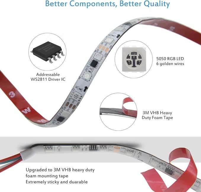 ALITOVE WS2811 12V RGB IC Addressable LED Strip Lights 16.4ft 300LEDs IP65 | with VHB Heavy Duty Self-Adhesive Back, Waterproof Programmable LED Light Strip, 12 Volt Flexible Cuttable Pixel Strip Light
