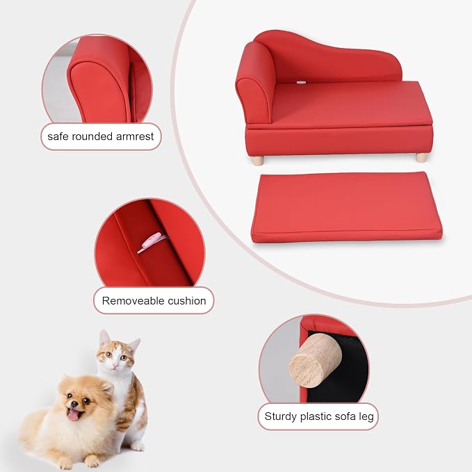 PU Leather Dog Sofa and Chair with Storage - Wooden Frame Cat Sofa Couch with Cushion,Small Pet Bed Sofa for Puppy and Cats (Red)