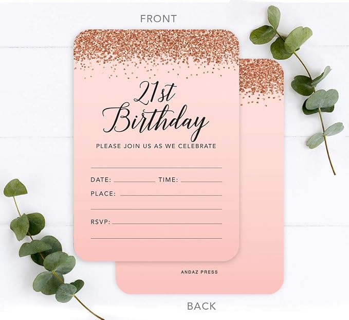 Andaz Press Blush Pink and Rose Gold Glitter Elegant Party Collection, 5x7-inch Invitations with Envelopes, 21st Birthday, 24-Pack, Double Sided Printing, Heavy Card Stock, Includes Envelopes