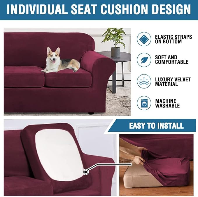 H.VERSAILTEX Real Velvet Plush 3 Piece Stretch Sofa Covers Couch Covers for 2 Cushion Couch Loveseat Covers Width Up to 72 Inch Feature Thick Soft Stay in Place (Medium Sofa, Burgundy)