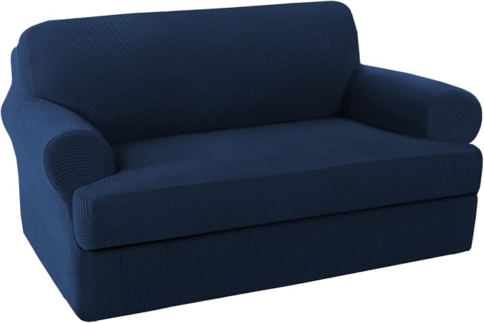 H.VERSAILTEX 2 Piece Loveseat Slipcovers Stretch Furnitue Cover Fit Lovesat Width Up to 70 Inch, Spandex Jacquard Fabric Sofa Protector Suit for T Cushion/Box Cushion- Loveseat - Navy