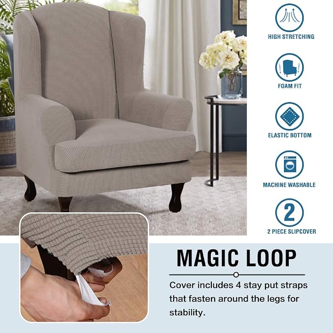 H.VERSAILTEX 2 Piece Stretch Jacquard Wingback Chair Covers Slipcovers Wing Chair Covers (Base Cover Plus Seat Cushion Cover) Furniture Covers for Wingback Chairs, Form Fitted Thick Soft, Taupe