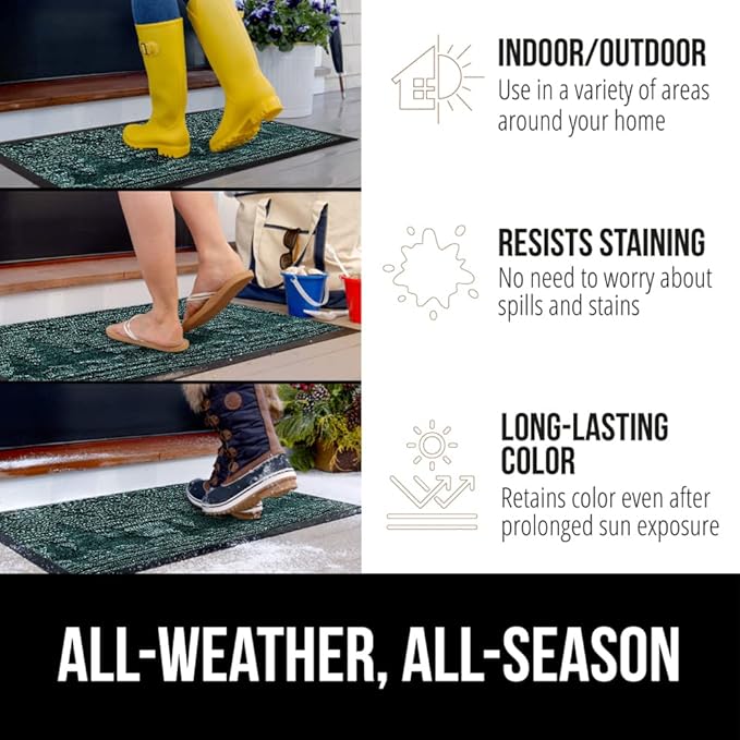 GORILLA GRIP 100% Waterproof All-Season WeatherMAX Doormat, 47x35, US Designed Natural Rubber, Stain and Fade Resistant, Low Profile Indoor Outdoor Door Mats, Easy Clean Patio Mat, Green Snowscape