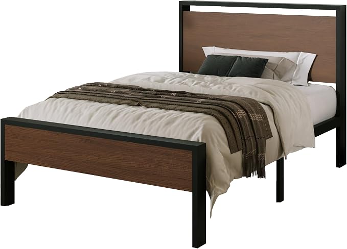 Allewie Twin Size Bed Frame, Heavy Duty 12 Metal Slats Support, Walnut | Wooden Headboard and Footboard, Modern Platform Bed, No Box Spring Needed, Under-Bed Storage, Noise Free, Easy Assembly