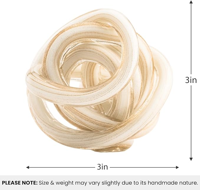 Torre & Tagus Orbit Hand Blown Glass Infinity Knot Sculpture - 3 Inch Glass Art White & Gold Knot Decor Ball for Home Decor, Small Centerpiece Table Decoration for Home Interior (White Gold Flakes)