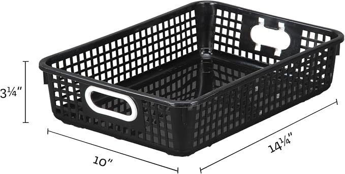 Really Good Stuff Multi-Purpose Small Desktop Paper Storage Baskets, 4 Pack | 14" x 10" x 3.25", Black, Classroom Organization, Stackable Mesh Plastic Baskets with Grip Handles