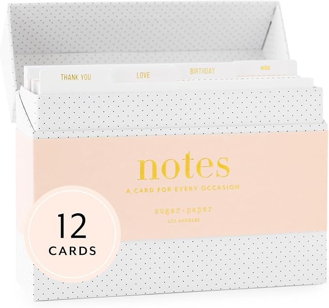 Sugar Paper Cards For Every Occasion Card Box, Greeting Card Assortment Box with Dividers, Set of 12 Greeting Cards and Envelopes, Birthday Cards, Thank You Cards, Generic Cards, Blank Inside, 6.25" x