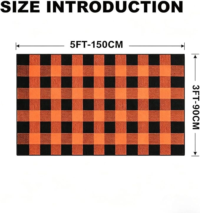 Buffalo Plaid Rug 3' x 5' Orange and Black Front Door Mat Reversible Halloween Doormat Layered Porch Rug Washable Hand Woven Cotton Area Rug for Indoor Outdoor Entryway Patio Porch Decor