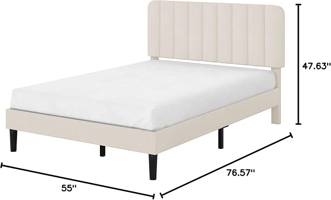 VECELO Full Size Bed Frame with Upholstered Headboard, Velvet Platform Bedframe Mattress Foundation, Strong Wood Slat Support, No Box Spring Needed,Velvet Beige