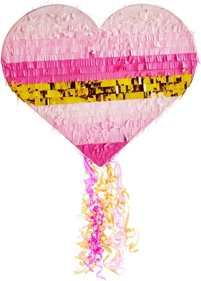 Sparkle and Bash Pull String Pinata - 16 x 13 x 3 In, Pink & Gold Ombre - Heart Shaped Pinata for Girls' Birthday Party Supply & Decoration