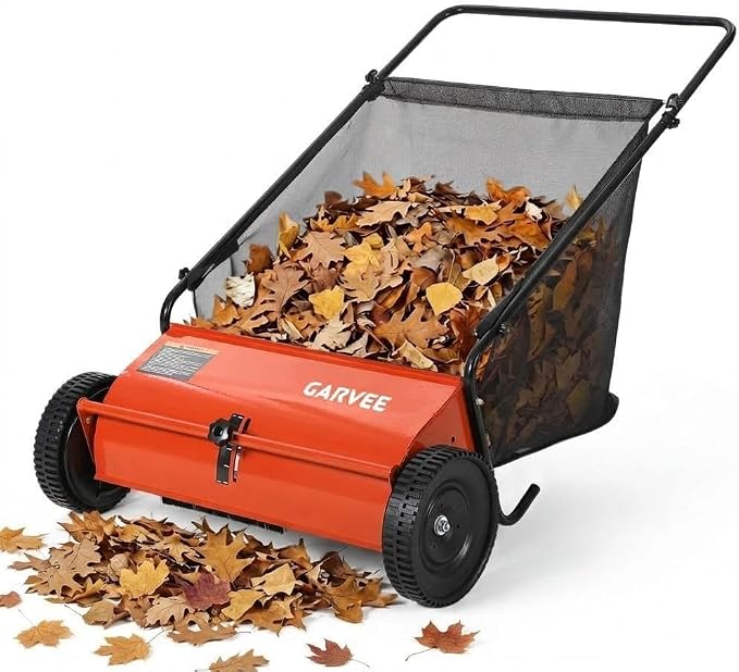 Manual Push Lawn Sweeper 26 Inch- Walk Behind Yard Sweeper for Leaves and Grass,7 Cu. ft. Large Hopper, Height Adjustable, 4 Fast Spinning Brushes