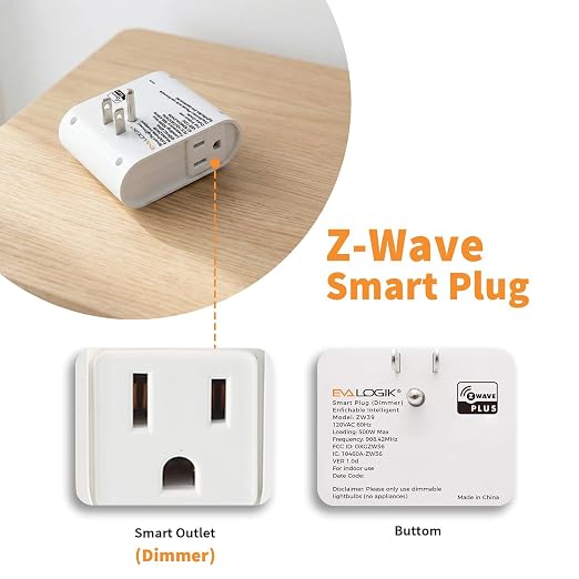 EVA LOGIK Z-Wave Smart Dimmer Outlet, Indoor Plug, Hub Required | Plug-in dimmer outlet for compatible lights, smooth brightness control, built-in repeater, works with certified Z-Wave hubs