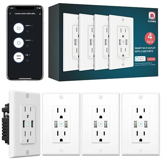 Lumary Smart Outlet with USB Ports 110V 15A, Timer, Remote Control, ETL FCC | Tamper-Resistant, No Hub Required, 2.4G WiFi Outlet, Works with Alexa/Google Home, Kitchen/Bedroom/Office, 4 Pack
