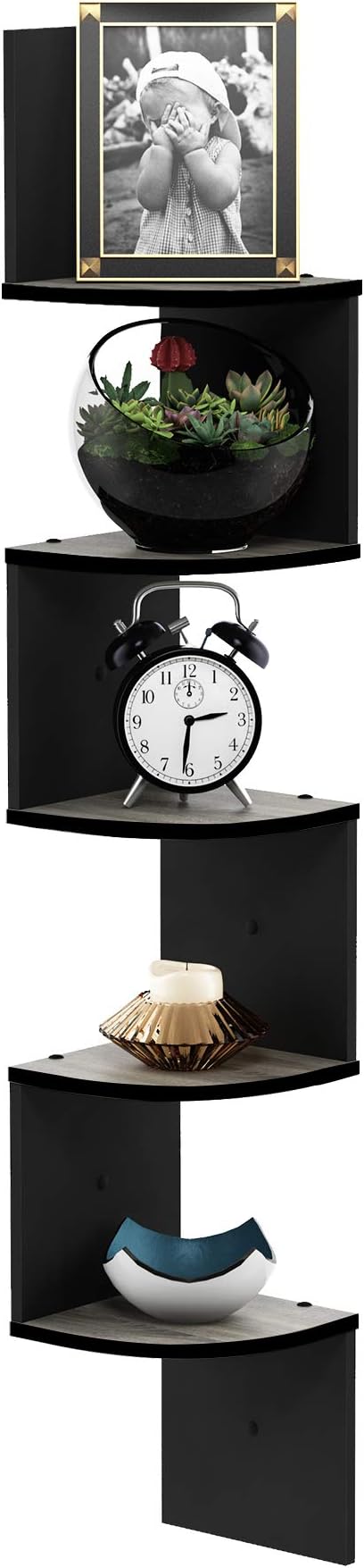 Furinno Rossi Wall Mount Floating Corner Shelf, 5-Tier Radial, French Oak Grey/Black
