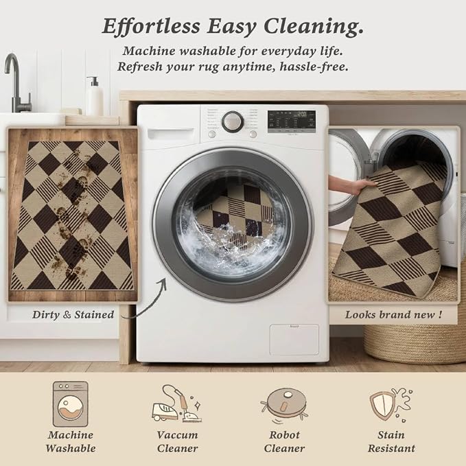 Washable Easy Jute 3x5 Entryway Rug - Door Mat Indoor Entrance, Diamond Rug for Entry Way, Kitchen, Low Pile Light Brown Geometric Striped Woven Front Door Décor