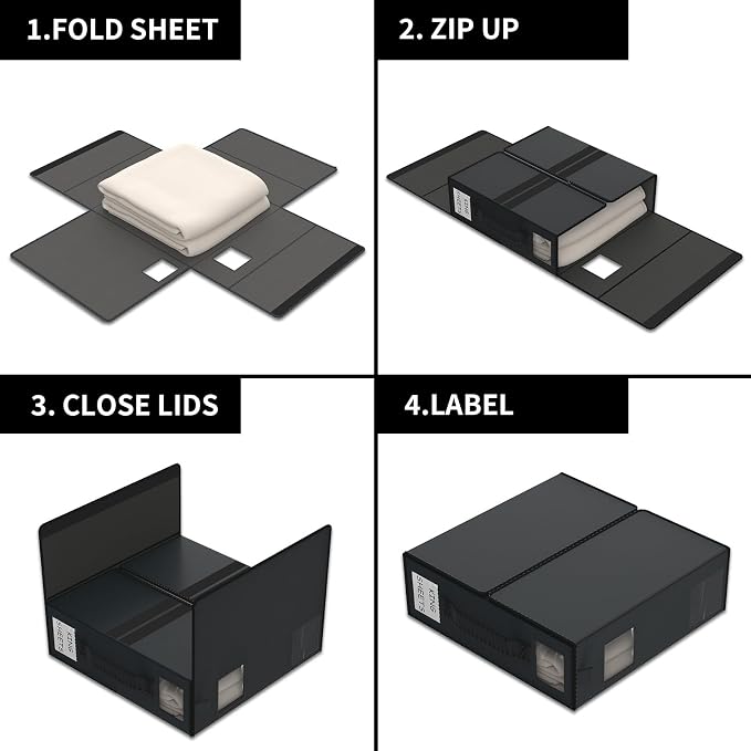 Aokeyee Bed Sheet Organizers and Storage 4 Pack (Queen or King Size), Foldable Storage Bins Closet Organizers and Storage Containers for Duvet Covers, Blankets, Pillowcases, bedding clothes, Black