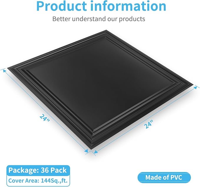 Art3d 36-Pack Drop Relief Ceiling Tiles for Home, Office & Commercial Space, 24 x 24in PVC Waterproof 3D Wall Panels, Covers 144 Sq. Ft, Multi-Pack, Square Black