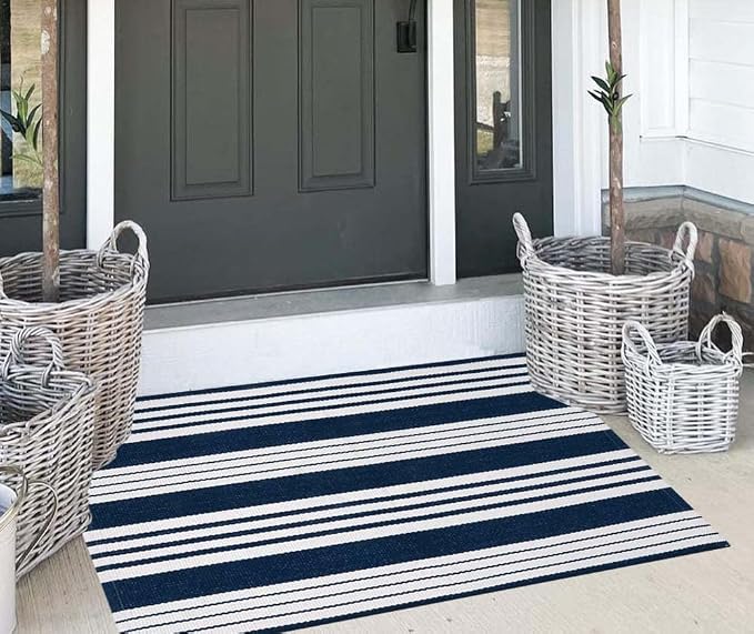 BUAGETUP Blue and White Layered Doormat,27.5x43.3inch Striped Outdoor Rug Hand Woven Cotton Indoor Outdoor Rug for Porch Layered
