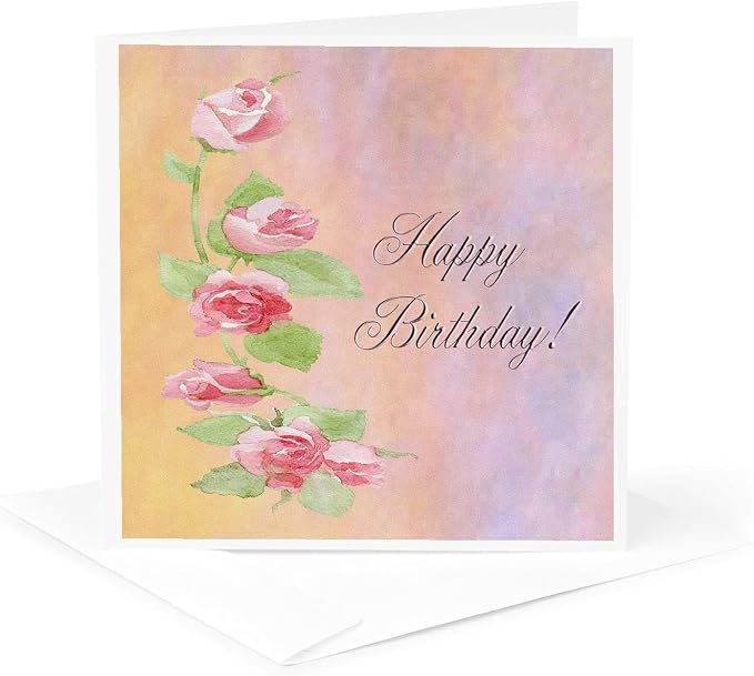 3dRose Painted Pink Roses Happy Birthday - Greeting Cards, 6 x 6 inches, set of 12 (gc_18889_2)