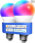 meross Smart LED Light Bulb, Smart WiFi LED Bulbs Compatible with Apple HomeKit, Siri, Alexa, Google Home & SmartThings, Dimmable E26 Multicolor 2700K-6500K RGBWW, 810 Lumens 60W Equivalent, 2 Pack | 2 Pack Smart WiFi LED Bulbs, 810 Lumens 60W Equivale...