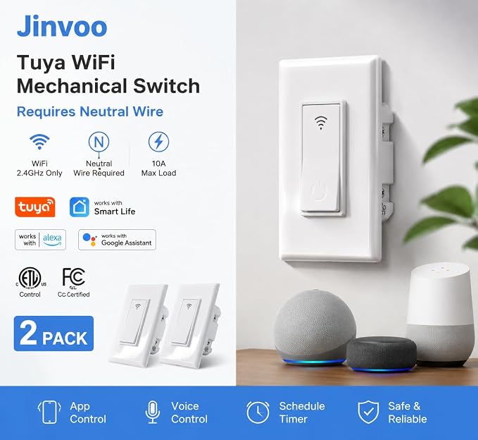 Smart Light Switch,Jinvoo WiFi Smart Wall Light Switch,Voice Control and Timing Function,No Hub Hequired,Easy and Safe Installation Compatible with Alexa and Google.（2 Pack）