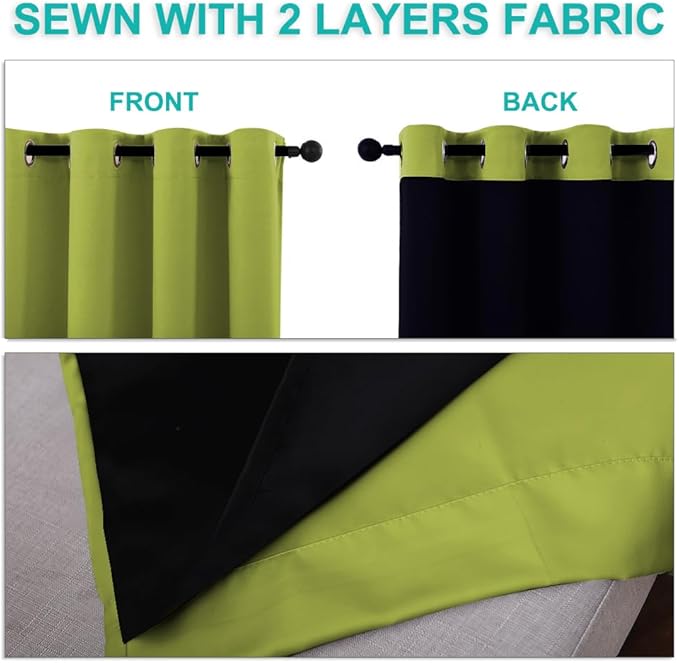 NICETOWN 100% Blackout Curtains 45 inches Long, Fresh Green, 1 Pair, 52 inches Width Each Panel, 2 Thick Layers Completely Blackout Window Treatment Thermal Insulated Lined Drapes for Small Window