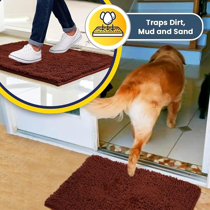 Muddy Mat® | Super Water Absorbent Door Mat Indoor, Microfiber Quick Dry Chenille Entryway Rug, Slip Resistant Front Door Mat, Indoor Mats for Entryway, Machine Washable Pet Rug, Brick Red 3ft x 8ft
