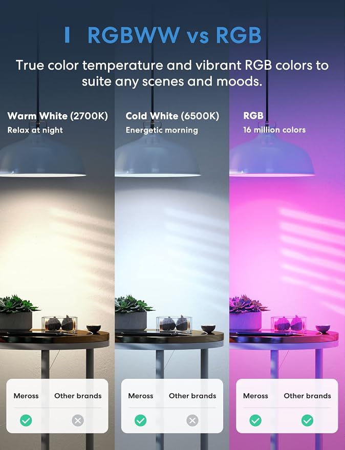 meross Smart LED Light Bulb, Smart WiFi LED Bulbs Compatible with Apple HomeKit, Siri, Alexa, Google Home & SmartThings, Dimmable E26 Multicolor 2700K-6500K RGBWW, 810 Lumens 60W Equivalent, 2 Pack | 2 Pack Smart WiFi LED Bulbs, 810 Lumens 60W Equivale...