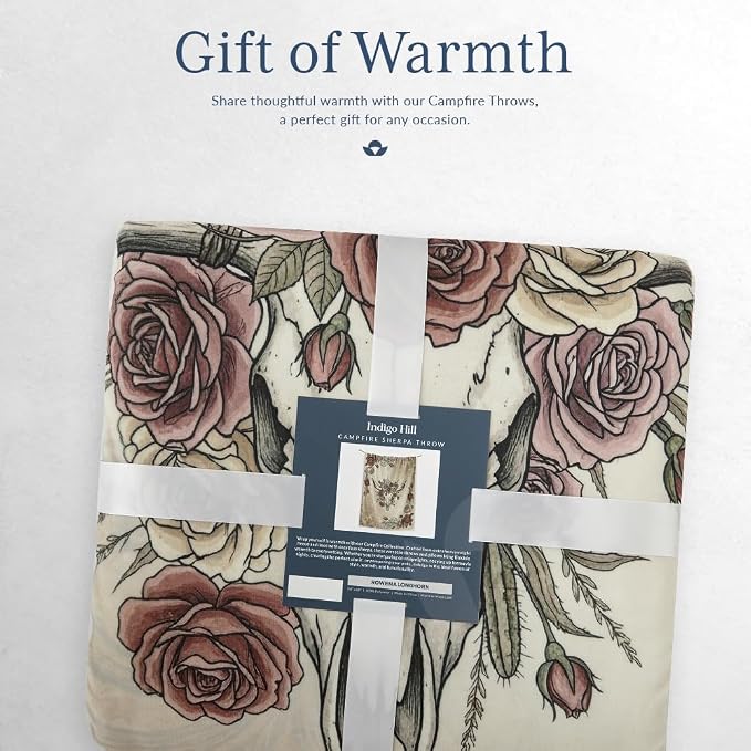 Paseo Road Indigo Hill by HiEnd Accents Rowena 54x68 Throw Blanket | Longhorn Campfire Design with Floral Bull Skull Print, Soft Western-Style Fleece Throw for the Couch, Sofa, or Bed