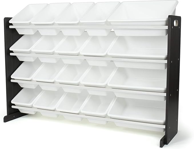 Humble Crew Kids Toy Organizer with 20 Bins, 4 Tier Storage for Playroom | Sturdy wood and steel toddler shelf, removable BPA-free containers, wall anchor anti-tip safety kit for bedroom or classroom