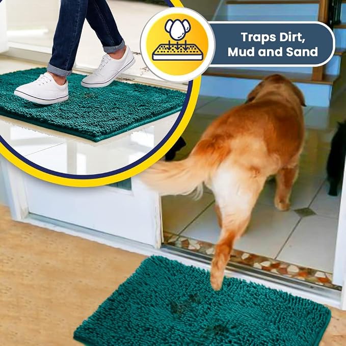 Muddy Mat® | Super Water Absorbent Door Mat Indoor, Microfiber Quick Dry Chenille Entryway Rug, Slip Resistant Front Door Mat, Indoor Mats for Entryway, Machine Washable Pet Rug, Teal 32" x 40"