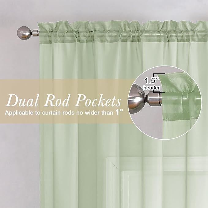 Lecloud Light Green Sheer Curtains 54 Inch Length 2 Panels, Voile Bedroom - Image 2