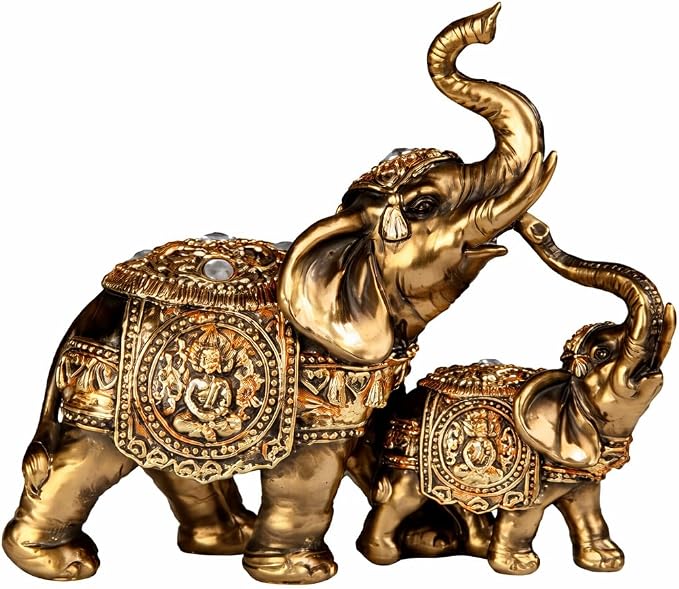 6" Wide Golden Elephant Statue Set, Feng Shui Lucky Elephant Figurines, Trunk Up Prosperity Decor, Luxury Gold Home Office Desk Shelf Decoration, Elephant Family Wealth Symbol Gift