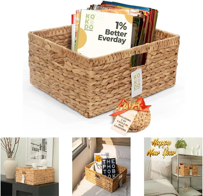 KOKODO 15”L x 11”W Large Rectangular Water Hyacinth Wicker Storage Basket with Handles, Metal Frame and Chalkboard Label, Handwoven Bin for Space-Saving Room Organization