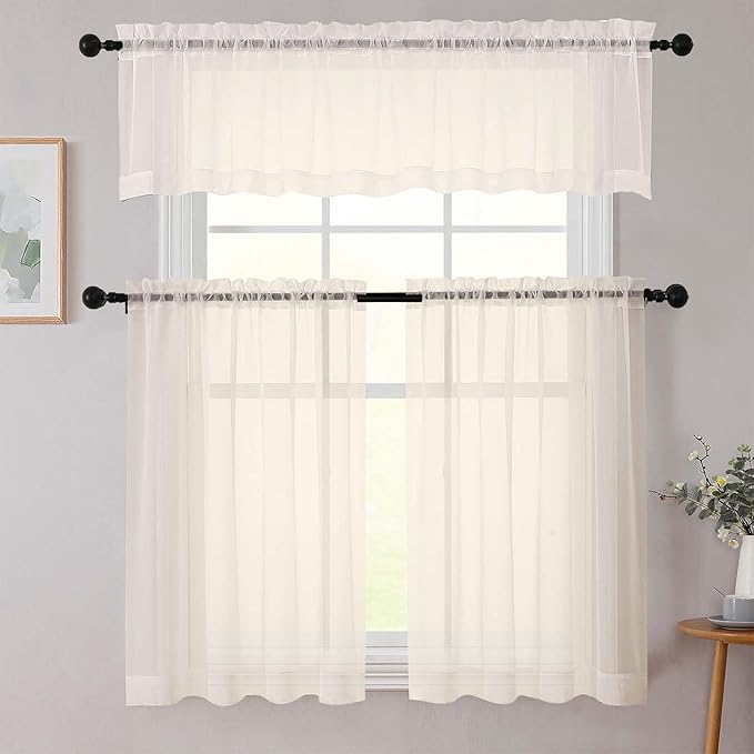 Cafe Curtains 36 Inch Length Tier 2 Pieces, Modern Soft Airy Sheer Kitchen Short Curtains for Small Window, Rod Pocket Small Curtain for Bathroom Basement, Cream, Each, 42" Wx36 L Inches