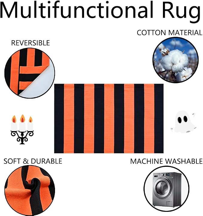 Halloween Decor Doormat Combo Set, 100% Coco Coir Welcome Mat + 28 x 43 Inches Orange and Black Striped Rug - Halloween Fall Front Porch Entryway Decor Floor Mat, Outdoor Autumn Mats Happy Halloween