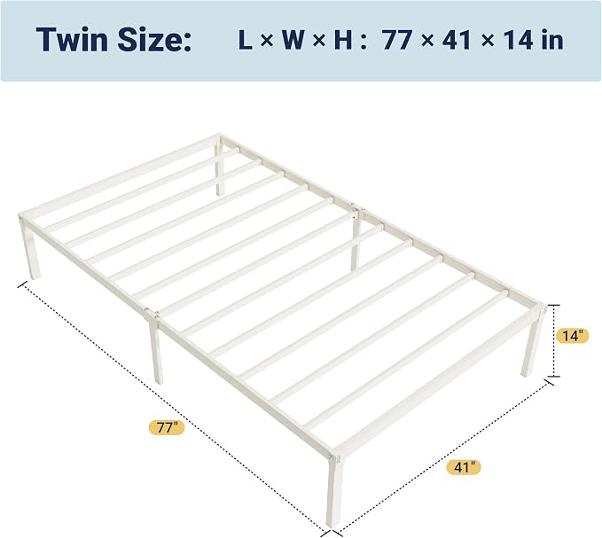 Allewie Twin Bed Frame, 14 inch Metal Beds with Storage Space, Beige | Heavy-Duty Metal Platform Beds, Large Under-Bed Storage Space, No Box Spring Needed, Easy Assembly