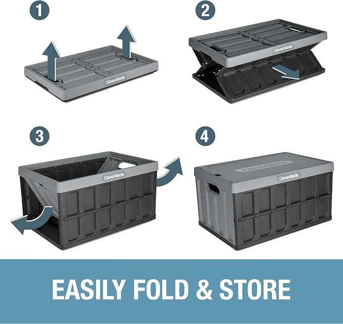 CleverMade Collapsible Storage Bins with Lids, 46L, 3 Pack, Stone | Each bin supports 75 lb and stacks with or without its lid. The lid stores underneath, and the crate folds to 2.5 inches.