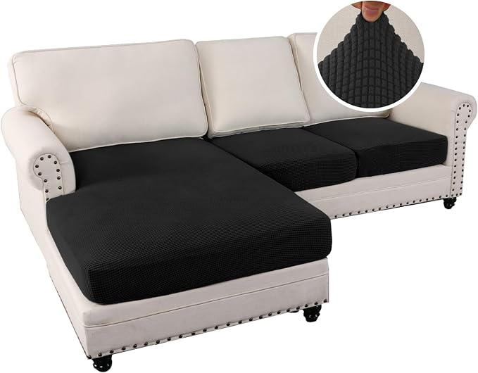H.VERSAILTEX Sectional Couch Covers 3 Pieces Sofa Seat Cushion Covers L Shape Separate Cushion Couch Chaise Cover for Both Left/Right Sectional Couch (Seat Only: 1 Chaise + 2 Sofa, Black)