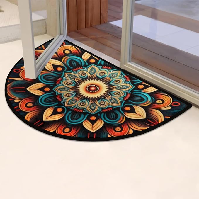 Bohemian Flower Half Round Door Mat, Non-Slip Entrance Welcome Mat for Indoor Semi Circle Bathroom Floor Rugs Outdoor Mats House Entry Way Heavy Duty Doormat for Kitchen Living Room 36x24 Inch