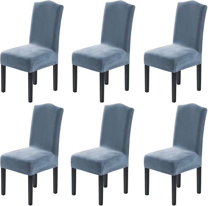 H.VERSAILTEX Velvet Dining Chair Covers Stretch Chair Covers for Dining Room Set of 6 Parson Chair Slipcovers Chair Protectors Covers Dining, Soft Thick Solid Velvet Fabric Washable, Stone Blue