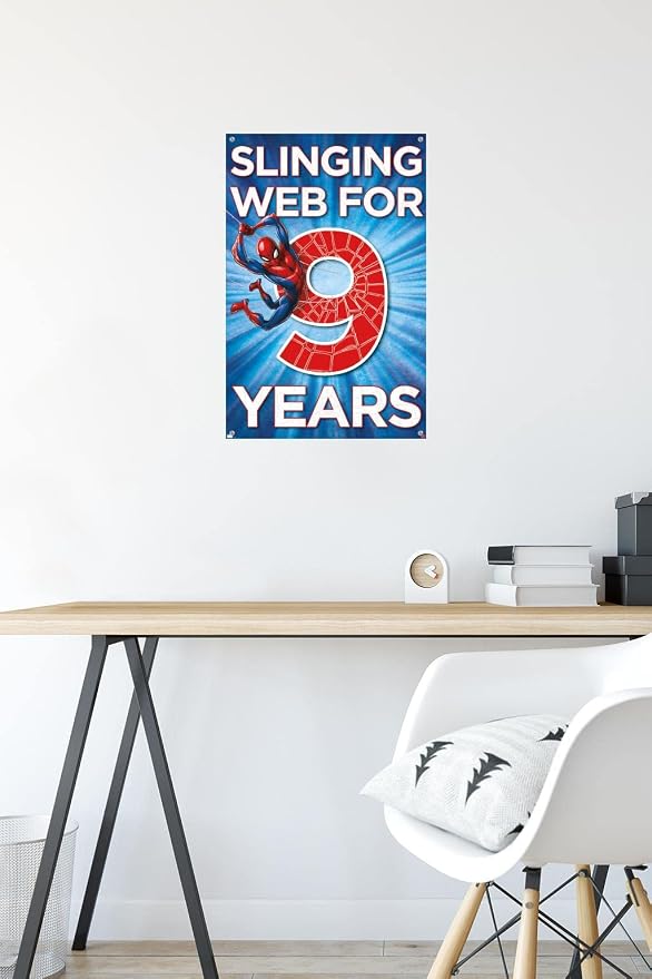 Trends International Marvel Spider-Man - Happy 9th Birthday Wall Poster, 14.72" x 22.37", Premium Poster & Push Pin Bundle