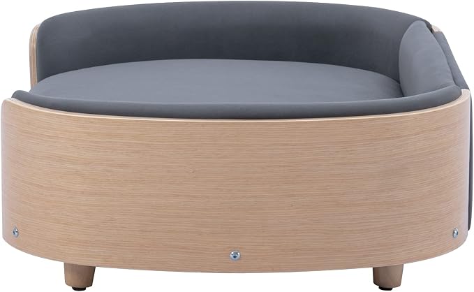 Hayaz Dog Bed Pet Sofa, House Dog Cat Bed, Large Size Pet Bed with Solid Wood Frame & Washable Velvet Cushion, Modern Pet Furniture for Cats and Small to Medium Dogs, Dark Gray+Natural