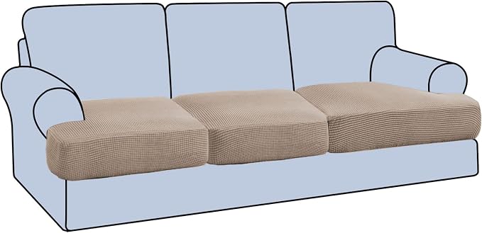 H.VERSAILTEX Stretch 3 Piece T Cushion Sofa Slipcovers Individually Sofa Cushion Covers for 3 Cushion Couch Sofa Seat Cushion Covers with Elastic Bands Featuring Thicker Jacquard Fabric, Sand