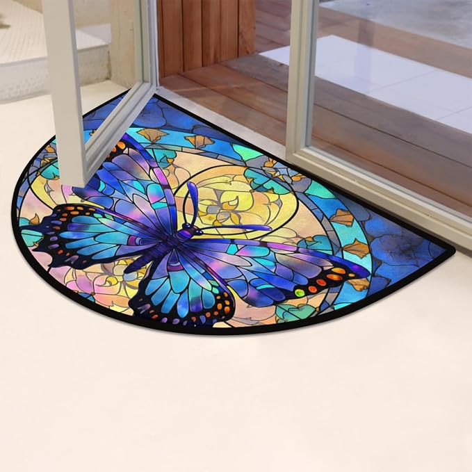 Half Round Door Mat Blue butterfly Glass Window Intdoor Entrance 36x24 Inch, Non-Slip Welcome Mat for Outdoor Semi Circle Bathroom Floor Rugs,House Entry Way Heavy Duty Doormat for Kitchen Living Room