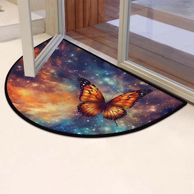 Butterfly Half Round Doormat Non-Slip Semi Circle Rug Half Moon Mat | Color Galaxy Color Washable Soft Absorbent Indoor Outdoor Entrance Kitchen Bathroom Sink Patio Welcome Fireplace Floor Rug