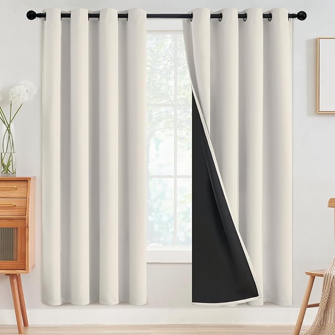 SimpleHome 100% Blackout Curtains for Bedroom,Thermal Insulated Cream Grommet Window Drapes Room Darkening Curtains for Living Room with Black Back,52 x 72 Inch,2 Panels