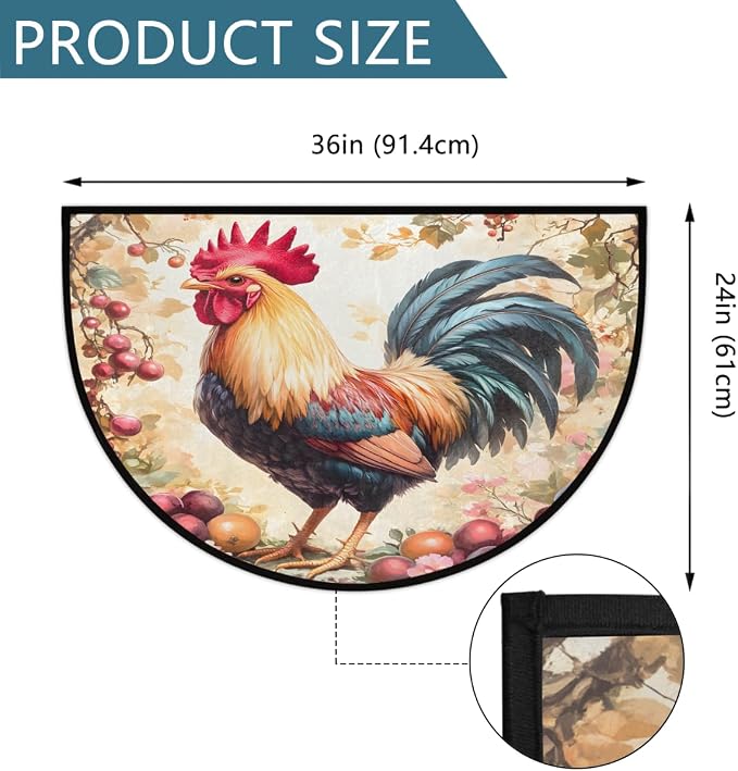 Rooster Animal Half Round Rug Half Moon Door Mat Half Circle Rugs | Flower Washable Non-Slip Semi Circle Rug Welcome Half Round Door Mat Indoor Entrance Kitchen Home Bedroom Living Room Decor